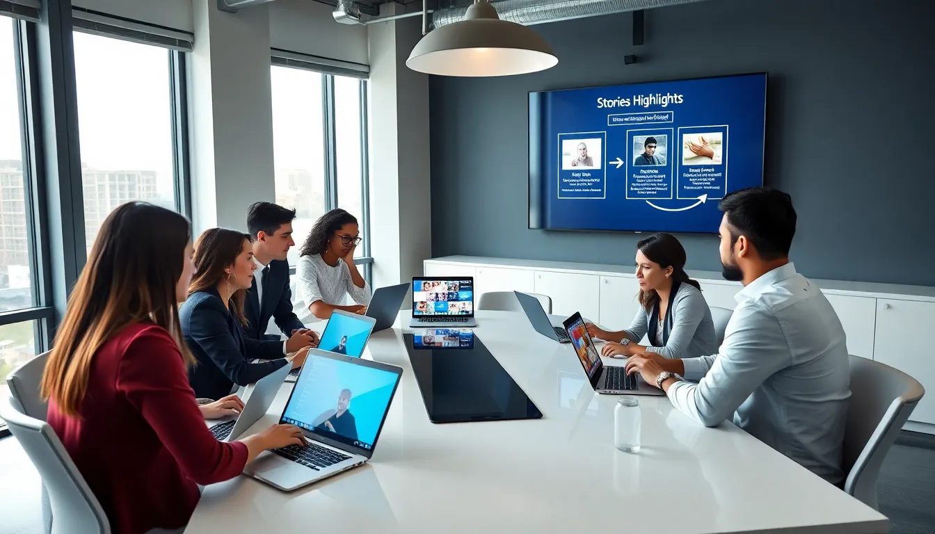team discussing Instagram highlights in a modern office setting.