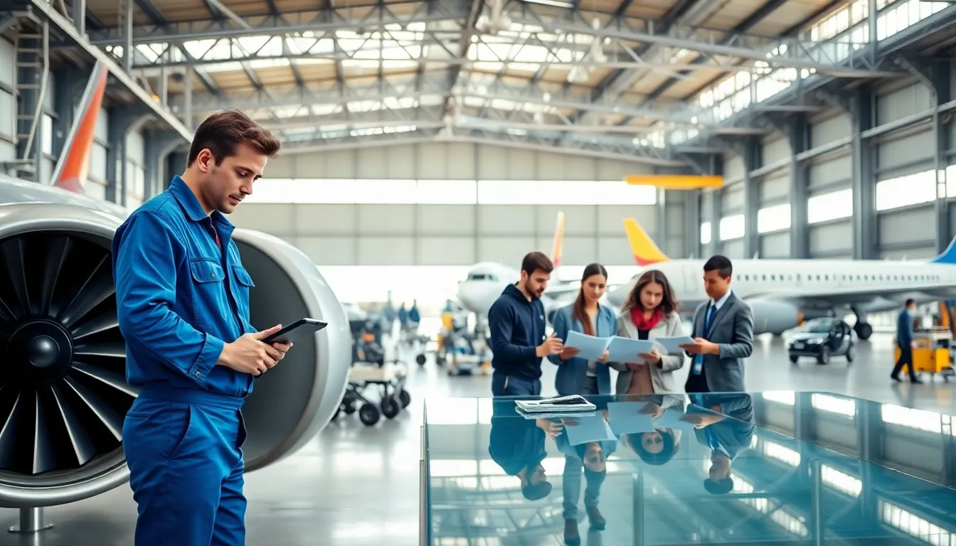 diverse technicians performing maintenance on an aircraft in a modern hangar.